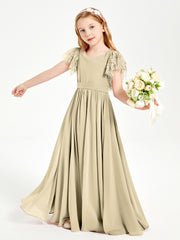 Chiffon Junior Bridesmaid Dresses Lace Flutter Sleeves Scoop Neck Champagne