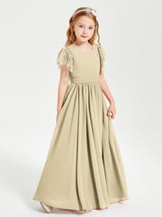 Chiffon Junior Bridesmaid Dresses Lace Flutter Sleeves Scoop Neck Champagne