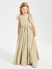 Chiffon Junior Bridesmaid Dresses Lace Flutter Sleeves Scoop Neck Champagne
