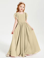 Chiffon Junior Bridesmaid Dresses Lace Flutter Sleeves Scoop Neck Champagne