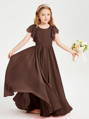 Chiffon Junior Bridesmaid Dresses Lace Flutter Sleeves Scoop Neck Chocolate