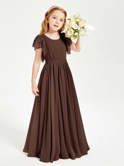 Chiffon Junior Bridesmaid Dresses Lace Flutter Sleeves Scoop Neck Chocolate