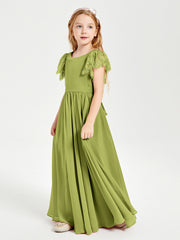 Chiffon Junior Bridesmaid Dresses Lace Flutter Sleeves Scoop Neck Clover