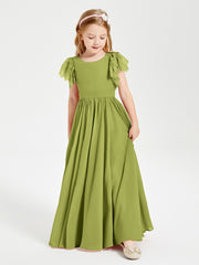 Chiffon Junior Bridesmaid Dresses Lace Flutter Sleeves Scoop Neck Clover