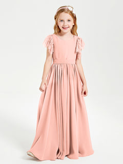 Chiffon Junior Bridesmaid Dresses Lace Flutter Sleeves Scoop Neck Coral