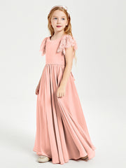 Chiffon Junior Bridesmaid Dresses Lace Flutter Sleeves Scoop Neck Coral