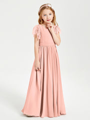 Chiffon Junior Bridesmaid Dresses Lace Flutter Sleeves Scoop Neck Coral