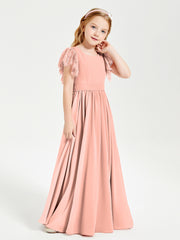 Chiffon Junior Bridesmaid Dresses Lace Flutter Sleeves Scoop Neck Coral