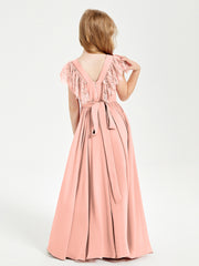 Chiffon Junior Bridesmaid Dresses Lace Flutter Sleeves Scoop Neck Coral