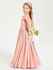 Chiffon Junior Bridesmaid Dresses Lace Flutter Sleeves Scoop Neck Coral