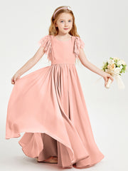 Chiffon Junior Bridesmaid Dresses Lace Flutter Sleeves Scoop Neck Coral