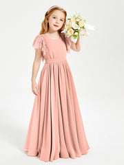 Chiffon Junior Bridesmaid Dresses Lace Flutter Sleeves Scoop Neck Coral