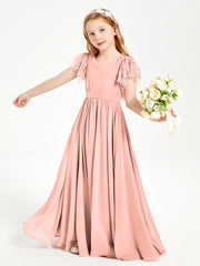 Chiffon Junior Bridesmaid Dresses Lace Flutter Sleeves Scoop Neck Coral