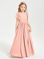 Chiffon Junior Bridesmaid Dresses Lace Flutter Sleeves Scoop Neck Coral