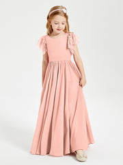 Chiffon Junior Bridesmaid Dresses Lace Flutter Sleeves Scoop Neck Coral