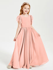 Chiffon Junior Bridesmaid Dresses Lace Flutter Sleeves Scoop Neck Coral