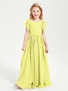 Chiffon Junior Bridesmaid Dresses Lace Flutter Sleeves Scoop Neck Daffodil