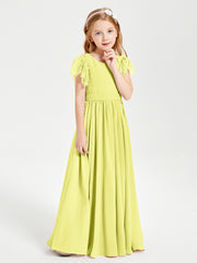 Chiffon Junior Bridesmaid Dresses Lace Flutter Sleeves Scoop Neck Daffodil