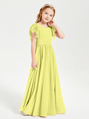 Chiffon Junior Bridesmaid Dresses Lace Flutter Sleeves Scoop Neck Daffodil