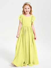 Chiffon Junior Bridesmaid Dresses Lace Flutter Sleeves Scoop Neck Daffodil