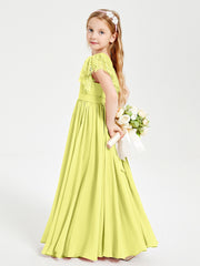 Chiffon Junior Bridesmaid Dresses Lace Flutter Sleeves Scoop Neck Daffodil