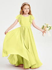 Chiffon Junior Bridesmaid Dresses Lace Flutter Sleeves Scoop Neck Daffodil