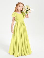 Chiffon Junior Bridesmaid Dresses Lace Flutter Sleeves Scoop Neck Daffodil