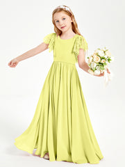 Chiffon Junior Bridesmaid Dresses Lace Flutter Sleeves Scoop Neck Daffodil