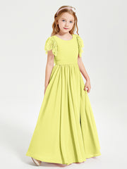 Chiffon Junior Bridesmaid Dresses Lace Flutter Sleeves Scoop Neck Daffodil
