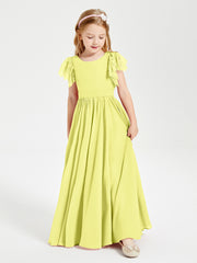 Chiffon Junior Bridesmaid Dresses Lace Flutter Sleeves Scoop Neck Daffodil