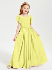 Chiffon Junior Bridesmaid Dresses Lace Flutter Sleeves Scoop Neck Daffodil