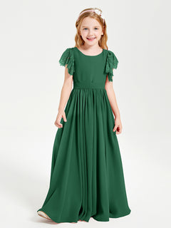 Chiffon Junior Bridesmaid Dresses Lace Flutter Sleeves Scoop Neck Dark Green