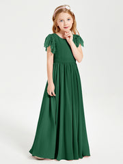 Chiffon Junior Bridesmaid Dresses Lace Flutter Sleeves Scoop Neck Dark Green