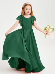 Chiffon Junior Bridesmaid Dresses Lace Flutter Sleeves Scoop Neck Dark Green