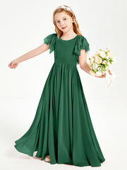 Chiffon Junior Bridesmaid Dresses Lace Flutter Sleeves Scoop Neck Dark Green