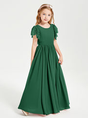 Chiffon Junior Bridesmaid Dresses Lace Flutter Sleeves Scoop Neck Dark Green