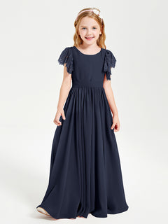 Chiffon Junior Bridesmaid Dresses Lace Flutter Sleeves Scoop Neck Dark Navy