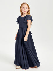 Chiffon Junior Bridesmaid Dresses Lace Flutter Sleeves Scoop Neck Dark Navy