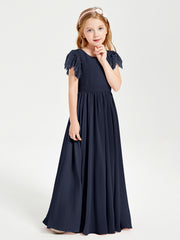 Chiffon Junior Bridesmaid Dresses Lace Flutter Sleeves Scoop Neck Dark Navy