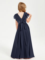 Chiffon Junior Bridesmaid Dresses Lace Flutter Sleeves Scoop Neck Dark Navy