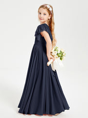 Chiffon Junior Bridesmaid Dresses Lace Flutter Sleeves Scoop Neck Dark Navy
