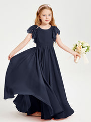 Chiffon Junior Bridesmaid Dresses Lace Flutter Sleeves Scoop Neck Dark Navy