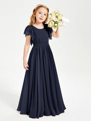 Chiffon Junior Bridesmaid Dresses Lace Flutter Sleeves Scoop Neck Dark Navy