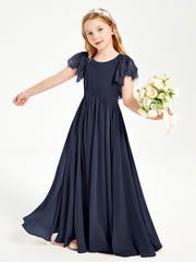 Chiffon Junior Bridesmaid Dresses Lace Flutter Sleeves Scoop Neck Dark Navy