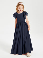 Chiffon Junior Bridesmaid Dresses Lace Flutter Sleeves Scoop Neck Dark Navy