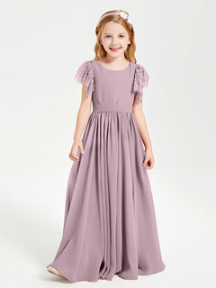 Chiffon Junior Bridesmaid Dresses Lace Flutter Sleeves Scoop Neck Dusk