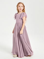 Chiffon Junior Bridesmaid Dresses Lace Flutter Sleeves Scoop Neck Dusk