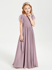 Chiffon Junior Bridesmaid Dresses Lace Flutter Sleeves Scoop Neck Dusk
