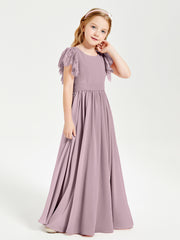 Chiffon Junior Bridesmaid Dresses Lace Flutter Sleeves Scoop Neck Dusk