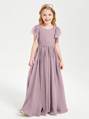 Chiffon Junior Bridesmaid Dresses Lace Flutter Sleeves Scoop Neck Dusk